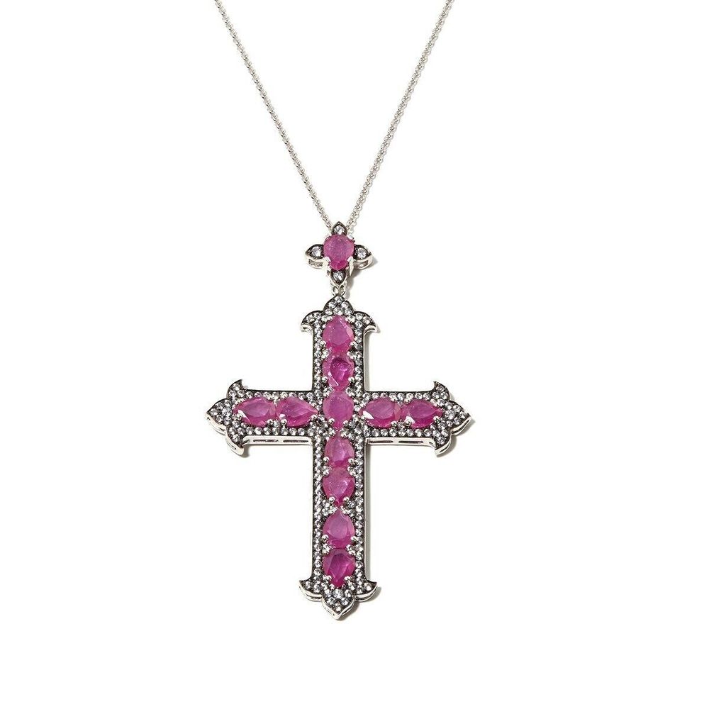 Rarities Sterling Silver Ruby and White Zircon Cross Pendant Necklace